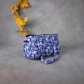 Barrel Handbags Blue with White Flower Design.