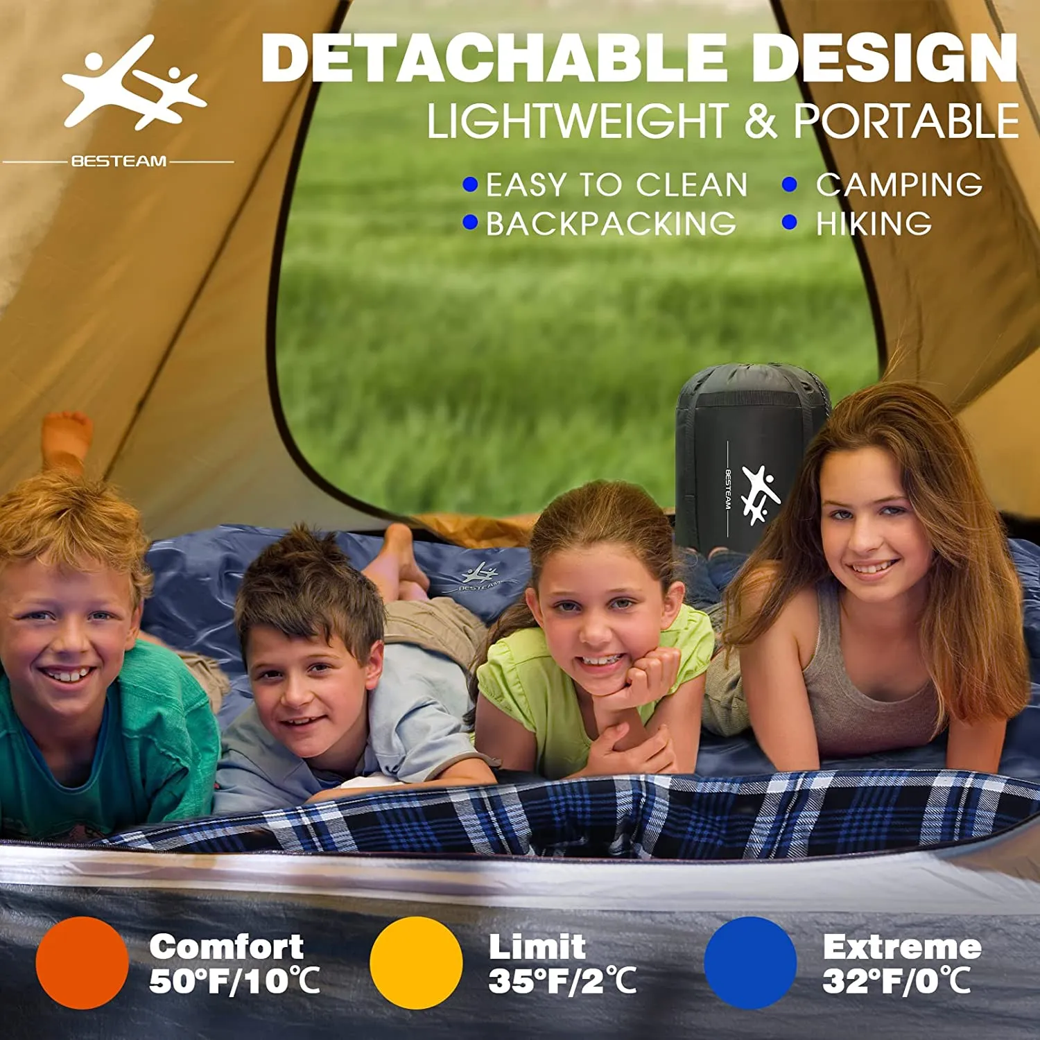 BESTEAM Cotton Flannel Double Sleeping Bag for Camping Backpacking Hiking, 2 Person Waterproof Sleeping Bags with 2 Pillows for Adults, Teens and Kids Indoor Outdoor