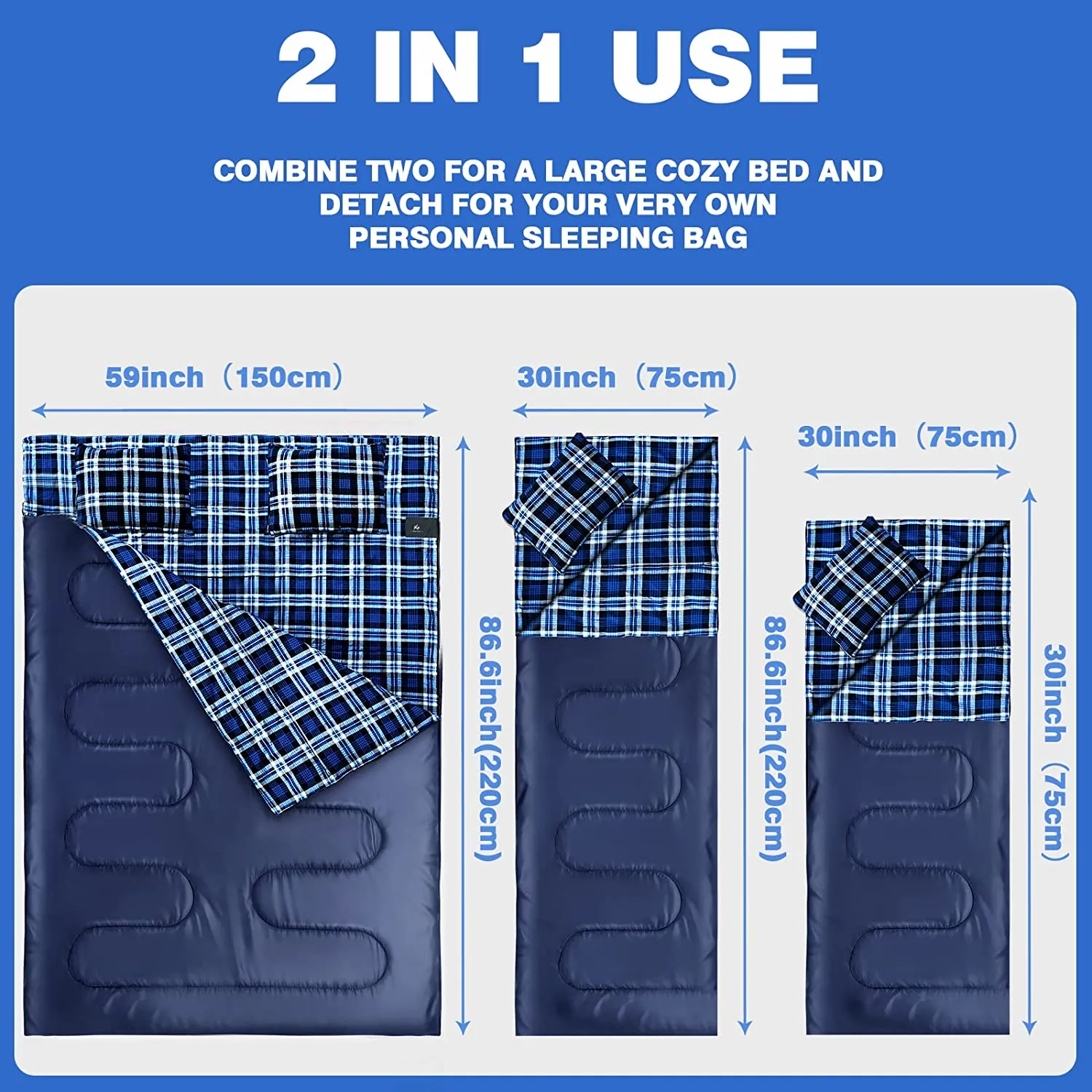 BESTEAM Cotton Flannel Double Sleeping Bag for Camping Backpacking Hiking, 2 Person Waterproof Sleeping Bags with 2 Pillows for Adults, Teens and Kids Indoor Outdoor