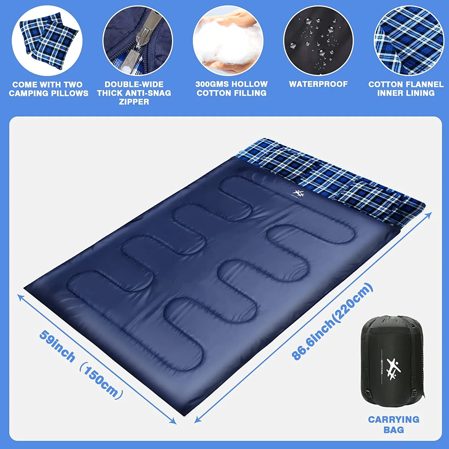BESTEAM Cotton Flannel Double Sleeping Bag for Camping Backpacking Hiking, 2 Person Waterproof Sleeping Bags with 2 Pillows for Adults, Teens and Kids Indoor Outdoor