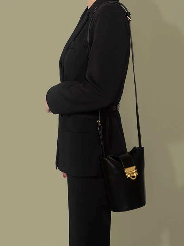 Black Leather Bucket Shoulder Bag