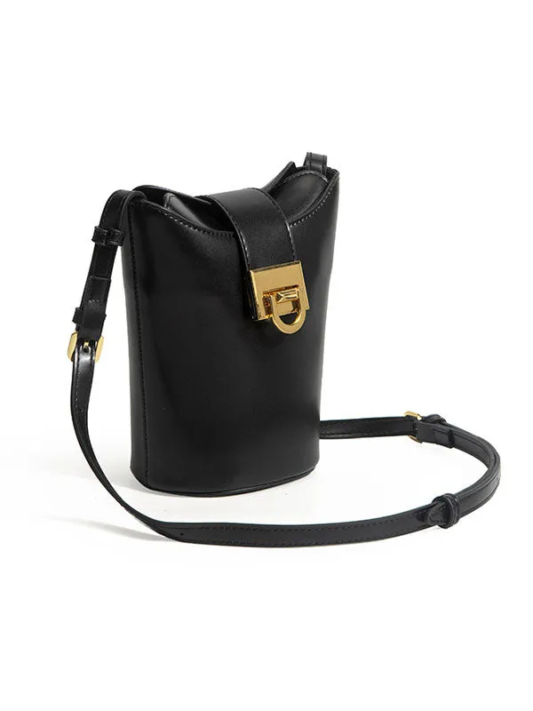 Black Leather Bucket Shoulder Bag