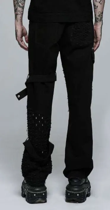 Black Punk Pant w/ Decorative Mesh Holes, Straps and Zipper Details