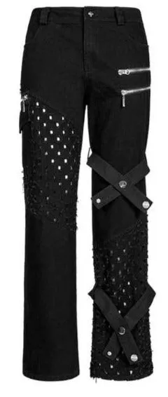 Black Punk Pant w/ Decorative Mesh Holes, Straps and Zipper Details