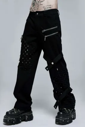 Black Punk Pant w/ Decorative Mesh Holes, Straps and Zipper Details