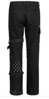 Black Punk Pant w/ Decorative Mesh Holes, Straps and Zipper Details