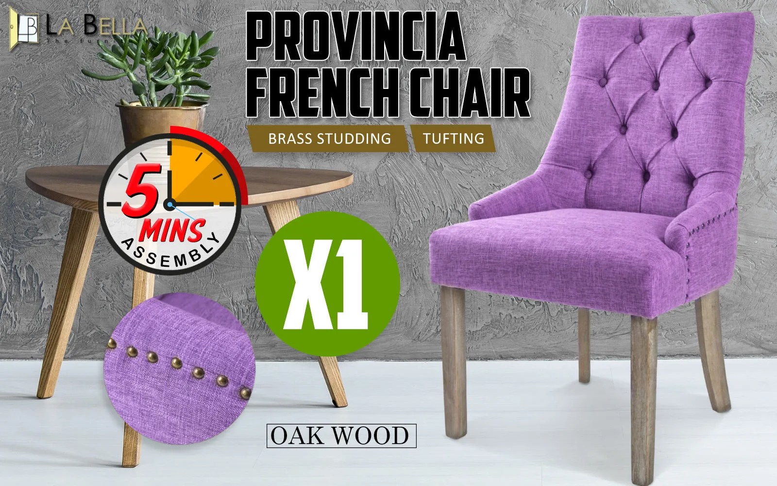 Elegant Violet Upholstered Dining Chair, Oak Legs - La Bella