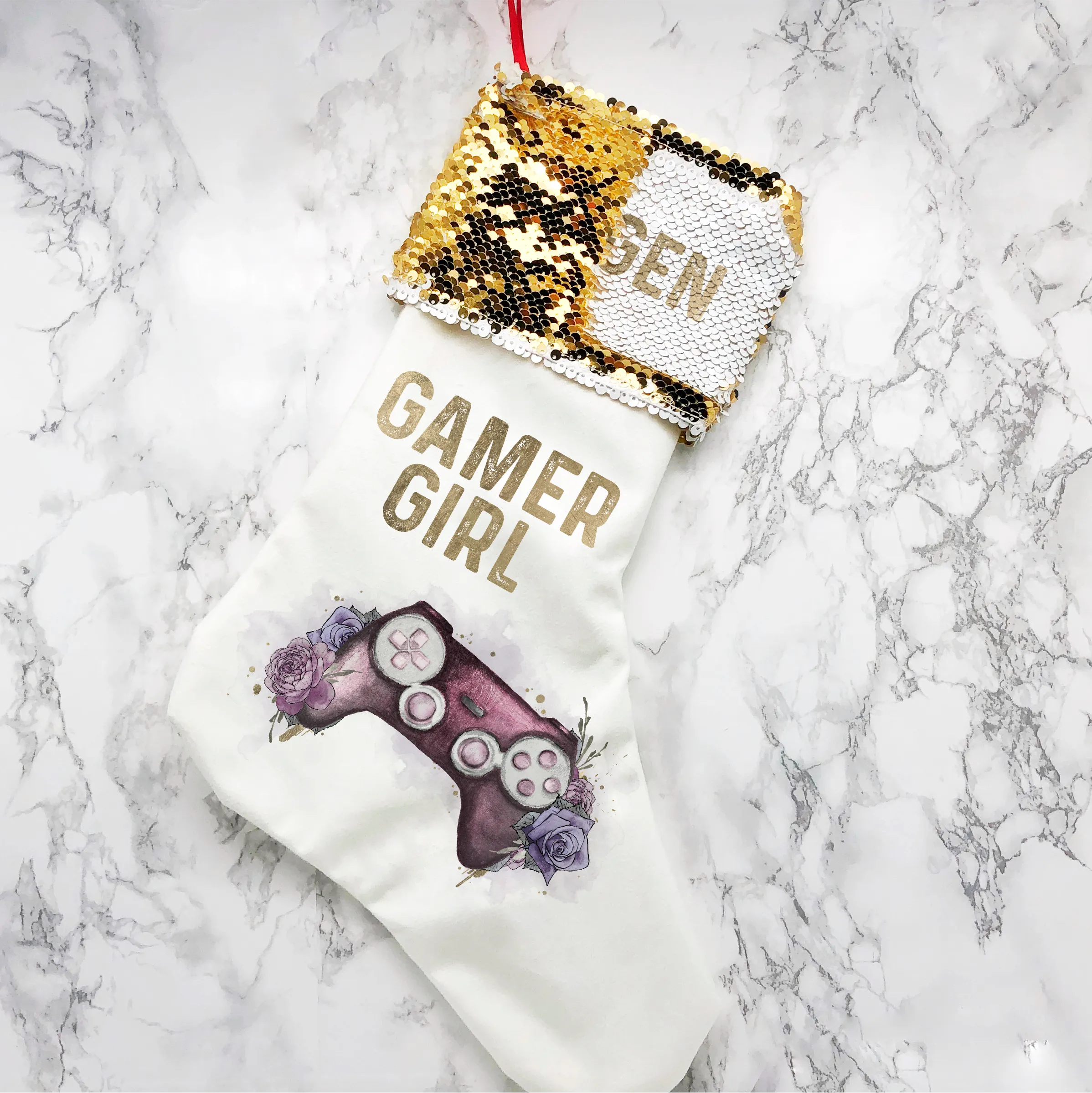 Gamer Girl Floral Personalised Sequin Topped Christmas Stocking