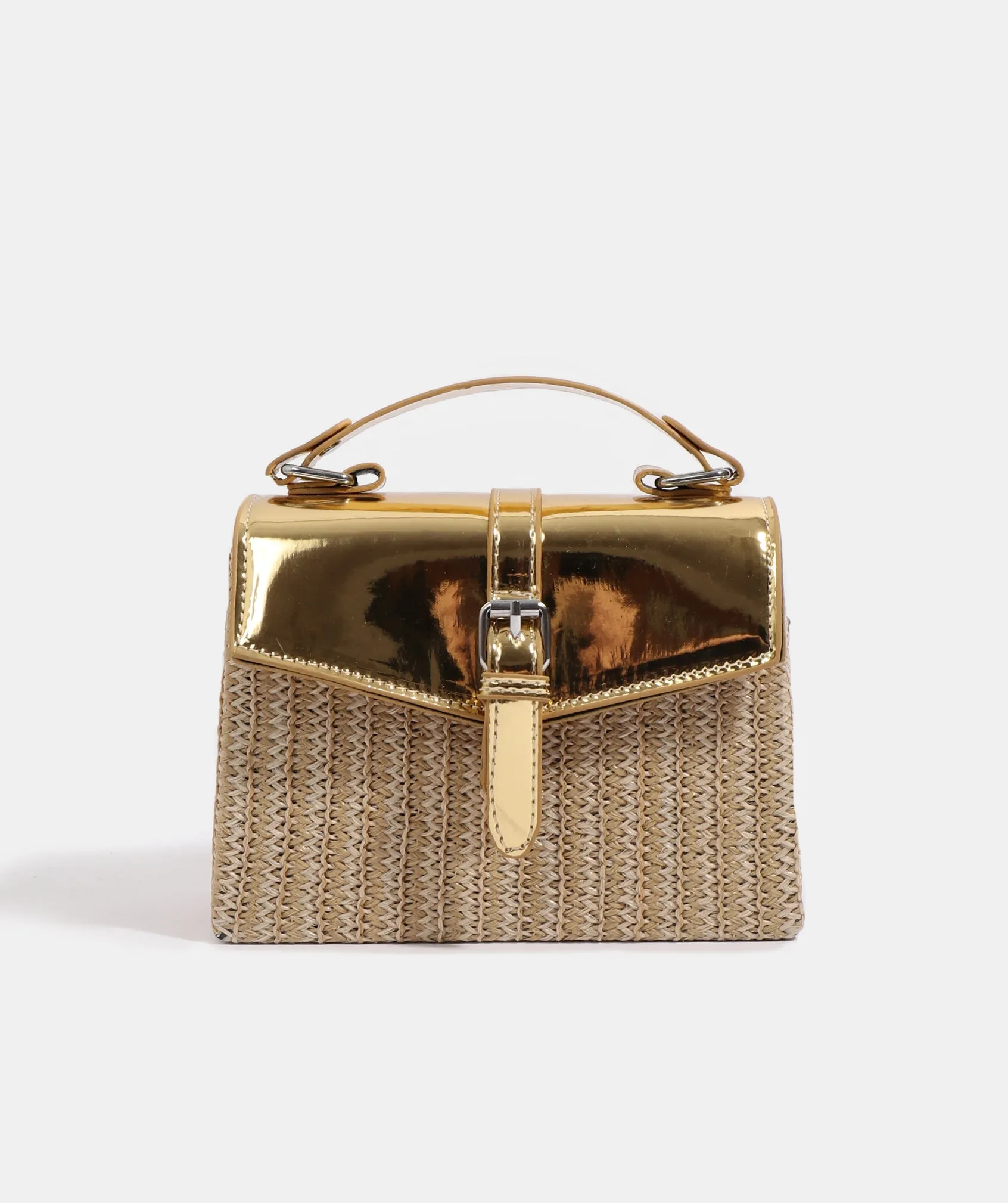 Gold Crossbody Bag with Metallic Faux Leather Details and Adjustable Straps
