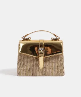 Gold Crossbody Bag with Metallic Faux Leather Details and Adjustable Straps