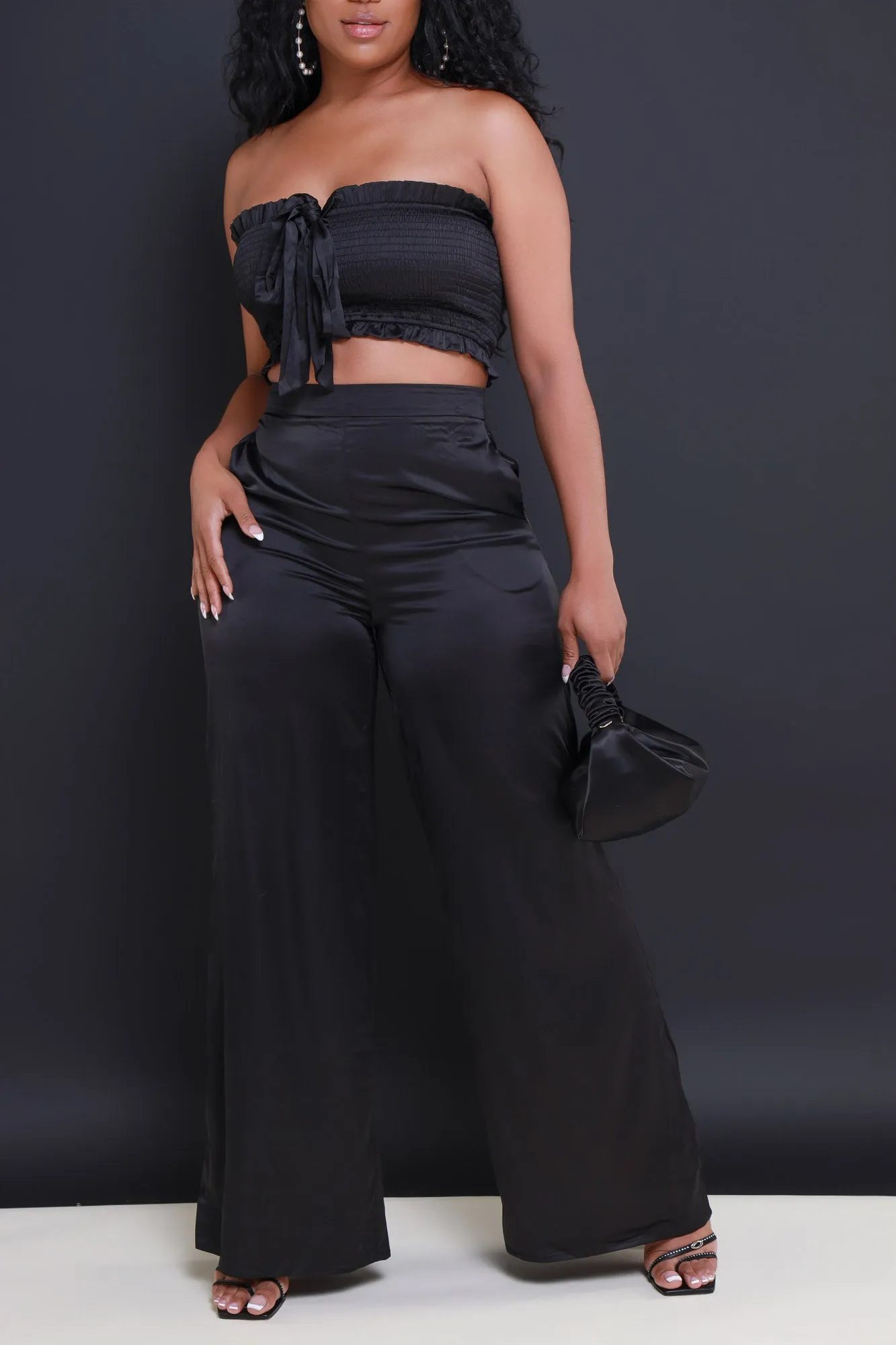 Hold Me Close Satin Cropped Pants Set - Black