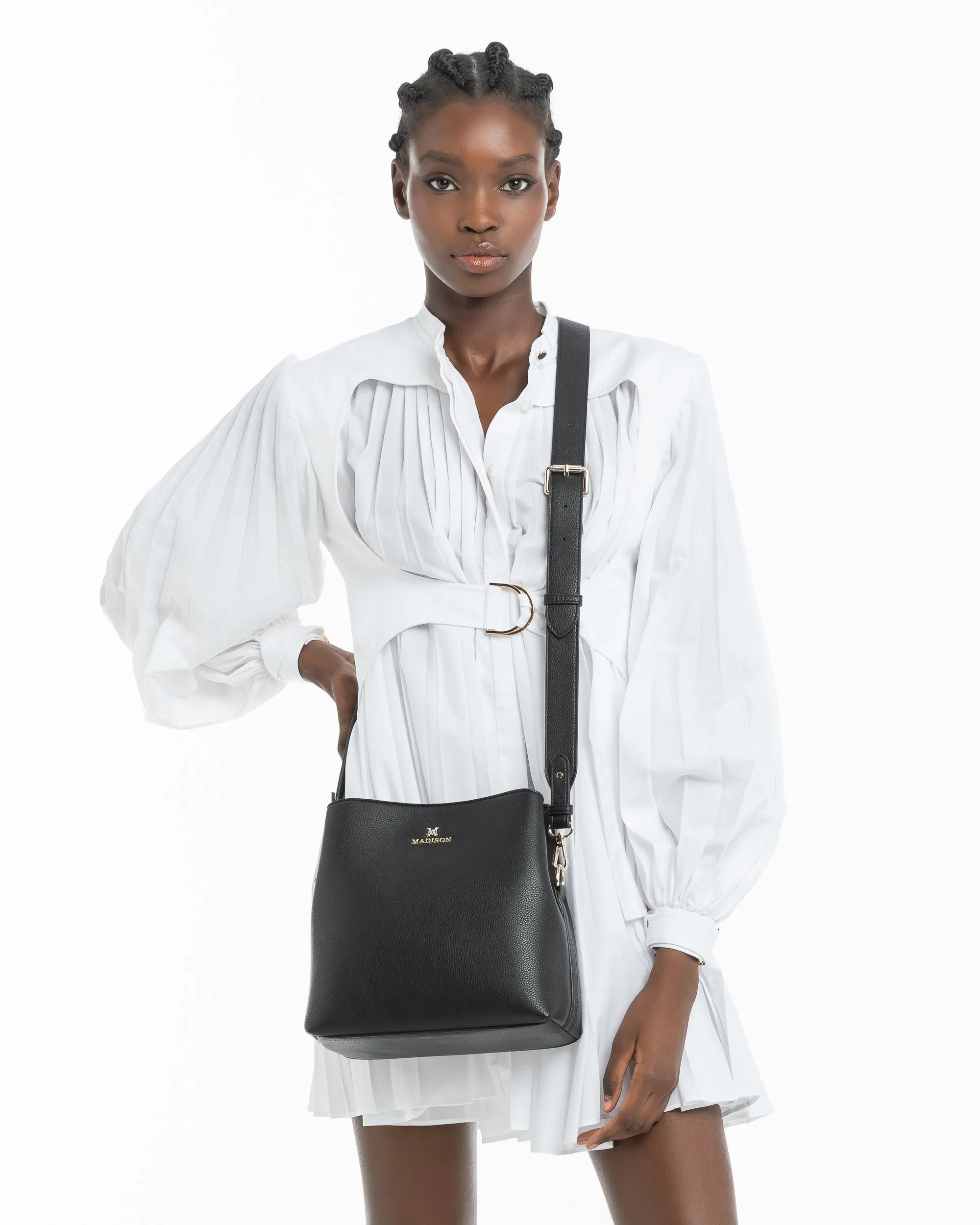 Joanie 3 Compartment Crossbody Bucket Bag   Stripe Bag Strap