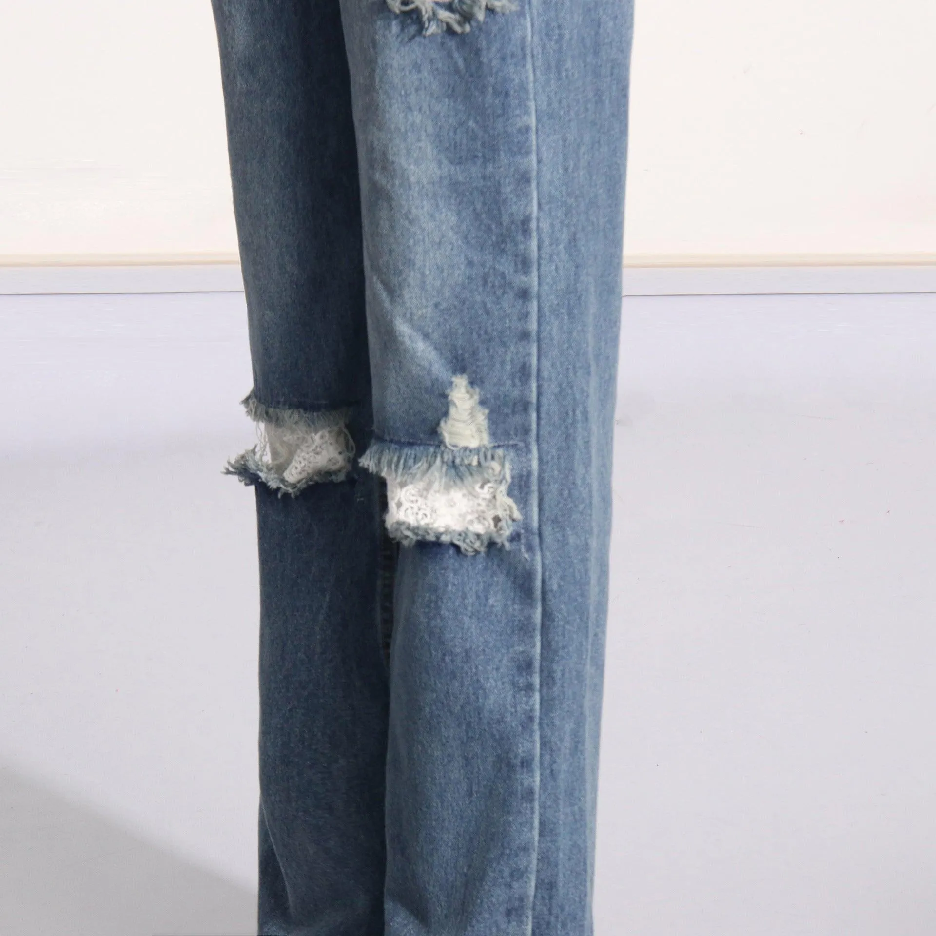 Ladies Lace Waist Distressed Jeans Stright Leg Denim Pants SXP504210