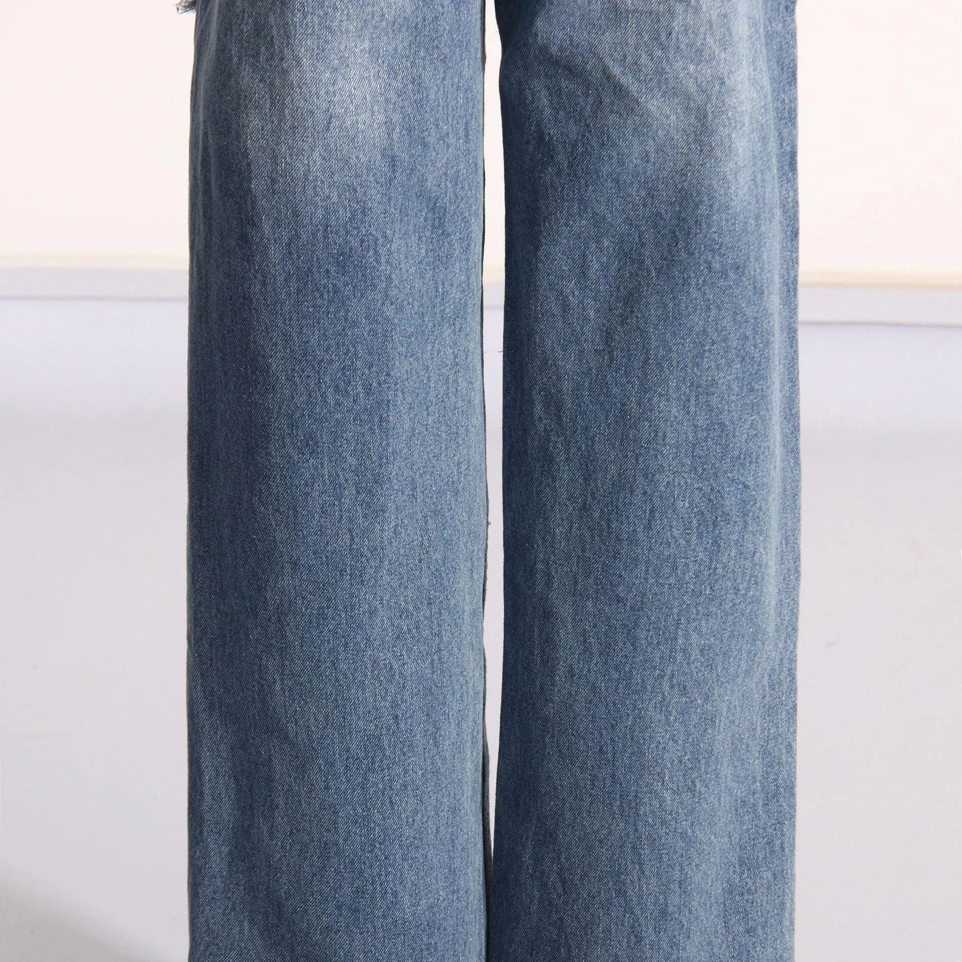 Ladies Lace Waist Distressed Jeans Stright Leg Denim Pants SXP504210