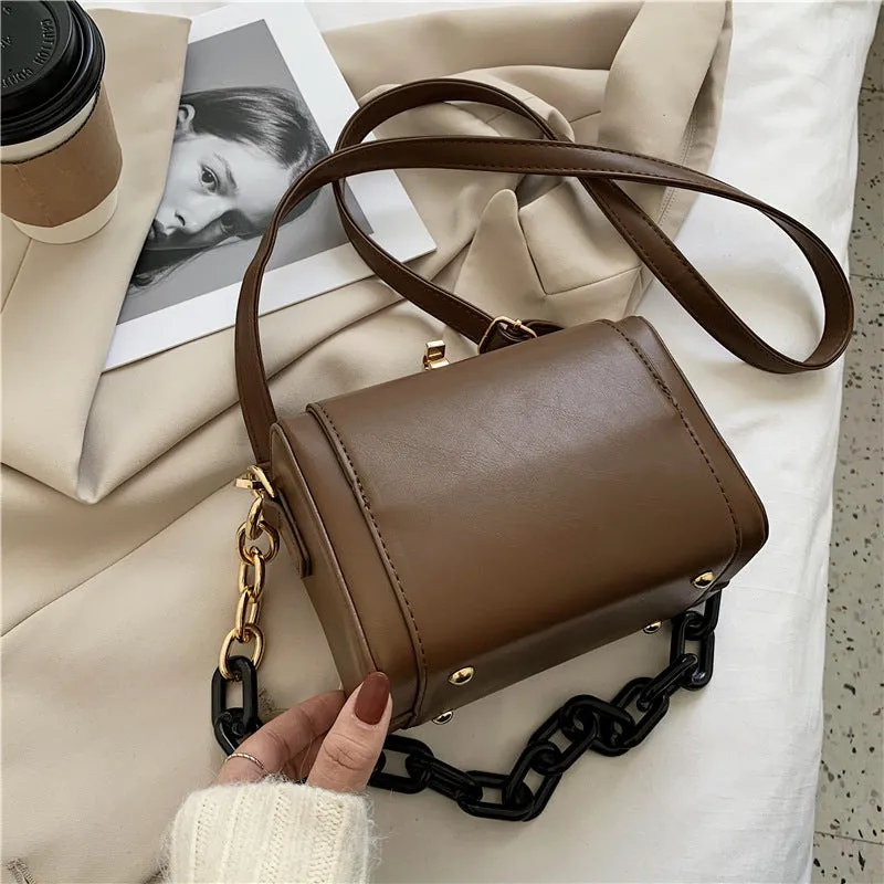Leather Bucket Bag With Chain Accent
