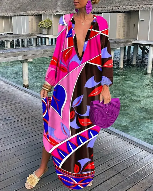 Loose V-neck Printed Long Sleeve Dress for Women