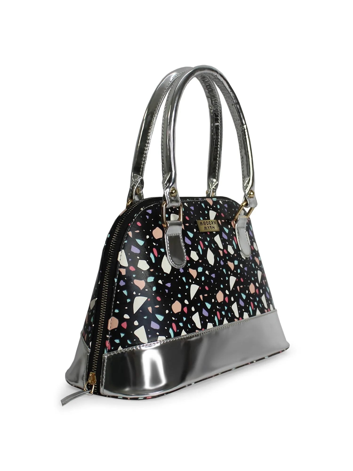 Senora Black Abstract & Silver Faux Leather Women Handbag | Modern Myth