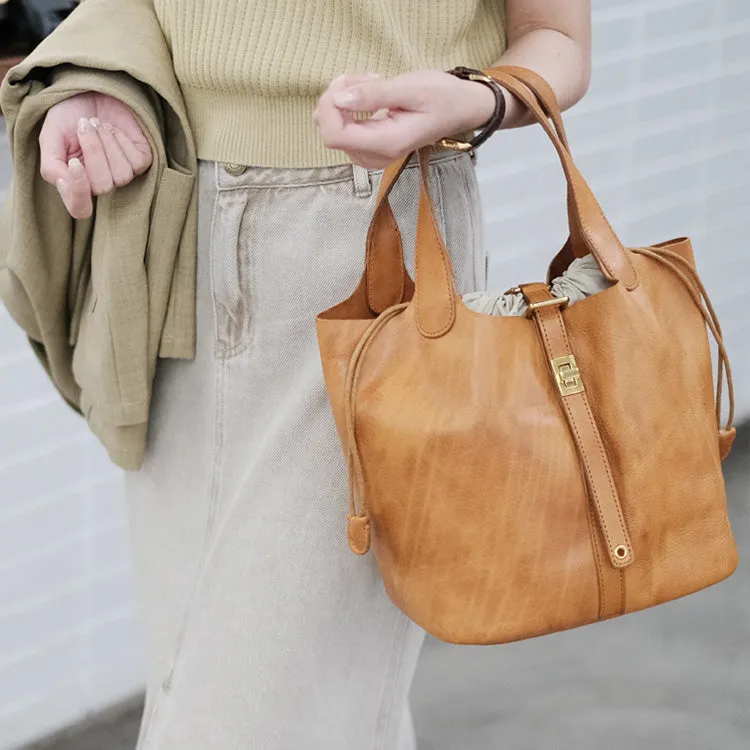 Small Ladies Brown Leather Bucket Bag Genuine Leather Tote Bags