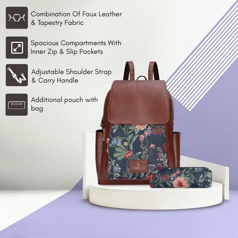 THE CLOWNFISH Combo Of Minerva Faux Leather & Tapestry Women's Backpack College School Girls Bag Casual Travel Backpack For Ladies & Expert Series Pencil Pouch Pen Case (Navy Blue-Floral), 10 Litres