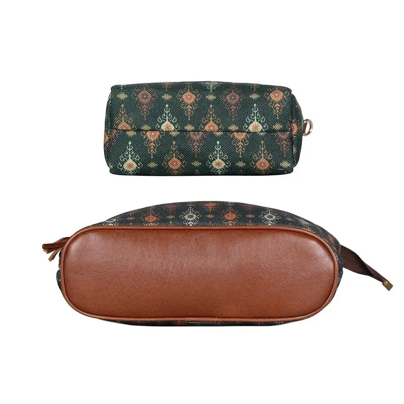THE CLOWNFISH Combo Of Percy Printed Handicraft Fabric Handbag for Women Isla Printed Handicraft Fabric Crossbody Sling bag for Women (Ash Grey)
